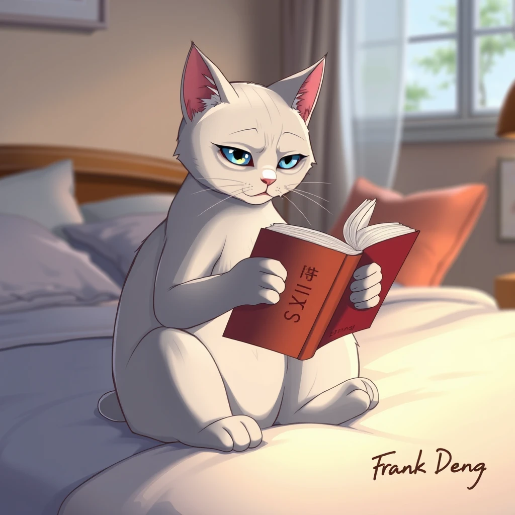 Subject: A silver cat with an aloof expression sitting on the bed reading a book.  
Character: An anime-style silver tabby cat with sleek fur, icy blue eyes, and a generally aloof expression. The cat is sitting upright on a bed with its legs crossed, holding a book open with one paw and resting the other on the page. Its tail is curled neatly around its body.  
Clothing: None, the cat is not wearing any clothes.  
Action: The cat is engrossed in reading, its gaze focused intently on the pages of the book.  
Background: A cozy bedroom with soft lighting. The bed is neatly made with a fluffy comforter and pillows. There might be a window in the background with soft sunlight streaming in.  
Signature: "Frank Deng" written in a stylish, legible font, perhaps in the bottom right corner of the image.  
Style: Anime style with clean lines and vibrant colors. The overall mood should be calm and serene, reflecting the cat's focused concentration.  
Lighting: Soft, warm lighting, perhaps coming from a bedside lamp, creating a gentle glow around the cat and the book.  
Details: Pay attention to the details of the cat's fur, the texture of the bed linens, and the intricate details of the book cover. The cat's expression should convey a sense of intelligence and focus.  
Color Palette: Predominantly cool tones with hints of warm colors in the lighting and background. The silver of the cat's fur should be the dominant color. - Image