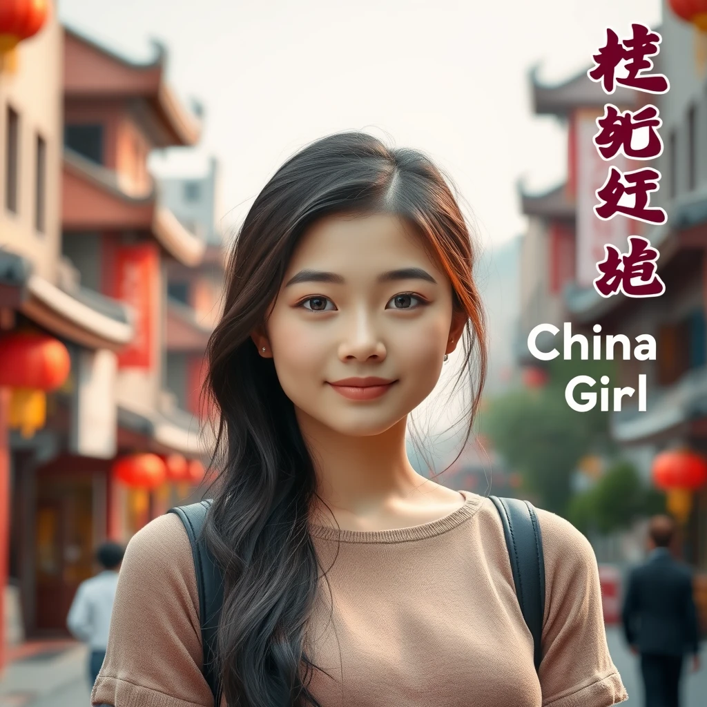 A pretty Asian girl, standing in a Chinese city, with the words "China Girl" in the right corner.