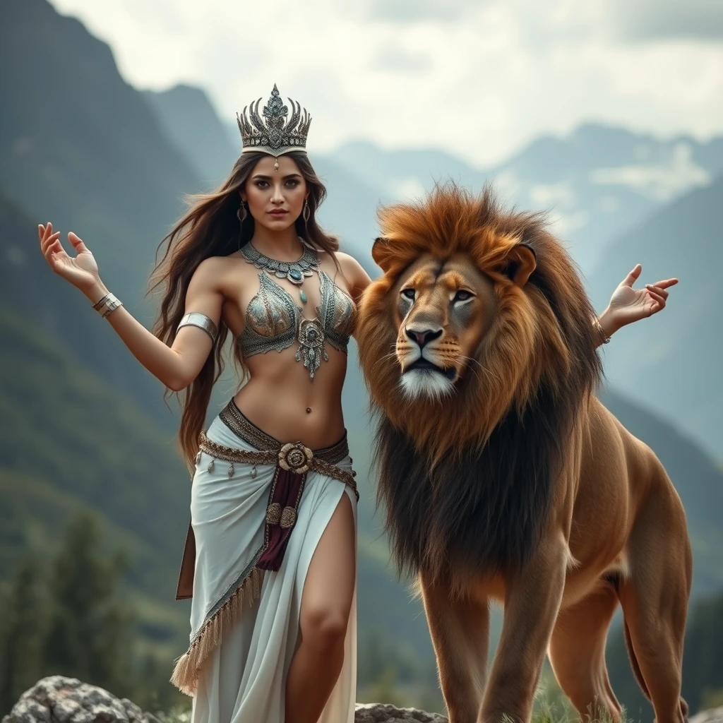 sexy looking youthful goddess with four arms, standing next to affectionate male lion in mountains