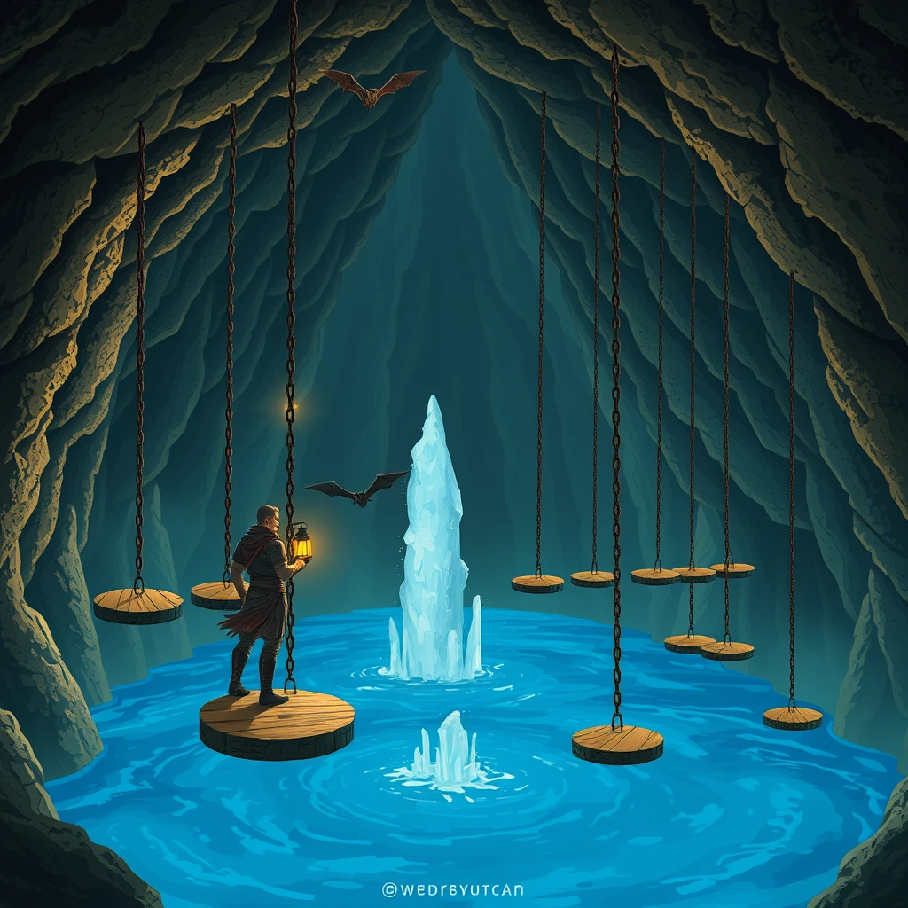 A large cavern, standing on one of the platforms is a male warrior who is holding a lantern. There is blue water filling the bottom of the cavern and a geyser is erupting. Hanging from the ceiling in a row are 10 chains with round wooden platforms at the end of the chain that are suspended above the water. Bats are flying around.