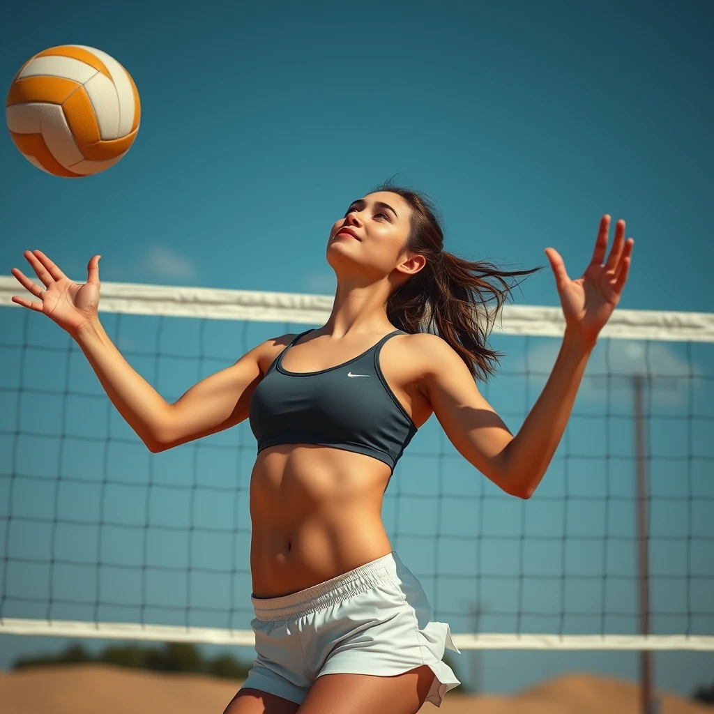 A girl in no dress playing volleyball, hyper-real, photorealistic, DSLR.