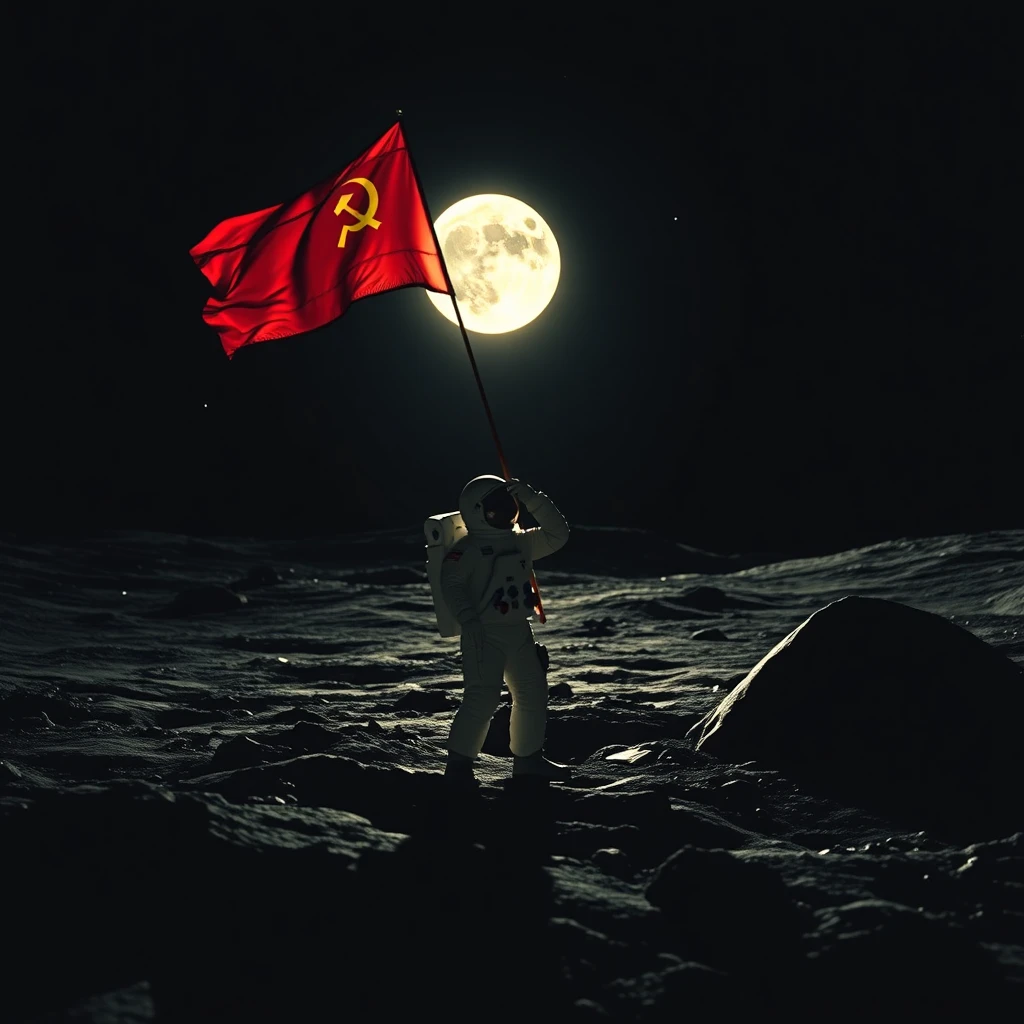 Cosmonaut putting the flag of the Soviet Union on the Moon - Image