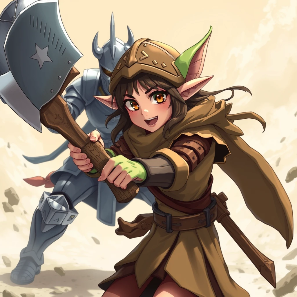 A pretty beautiful goblin girl in wooden armor uses an axe to fight a human female knight. In anime style. - Image