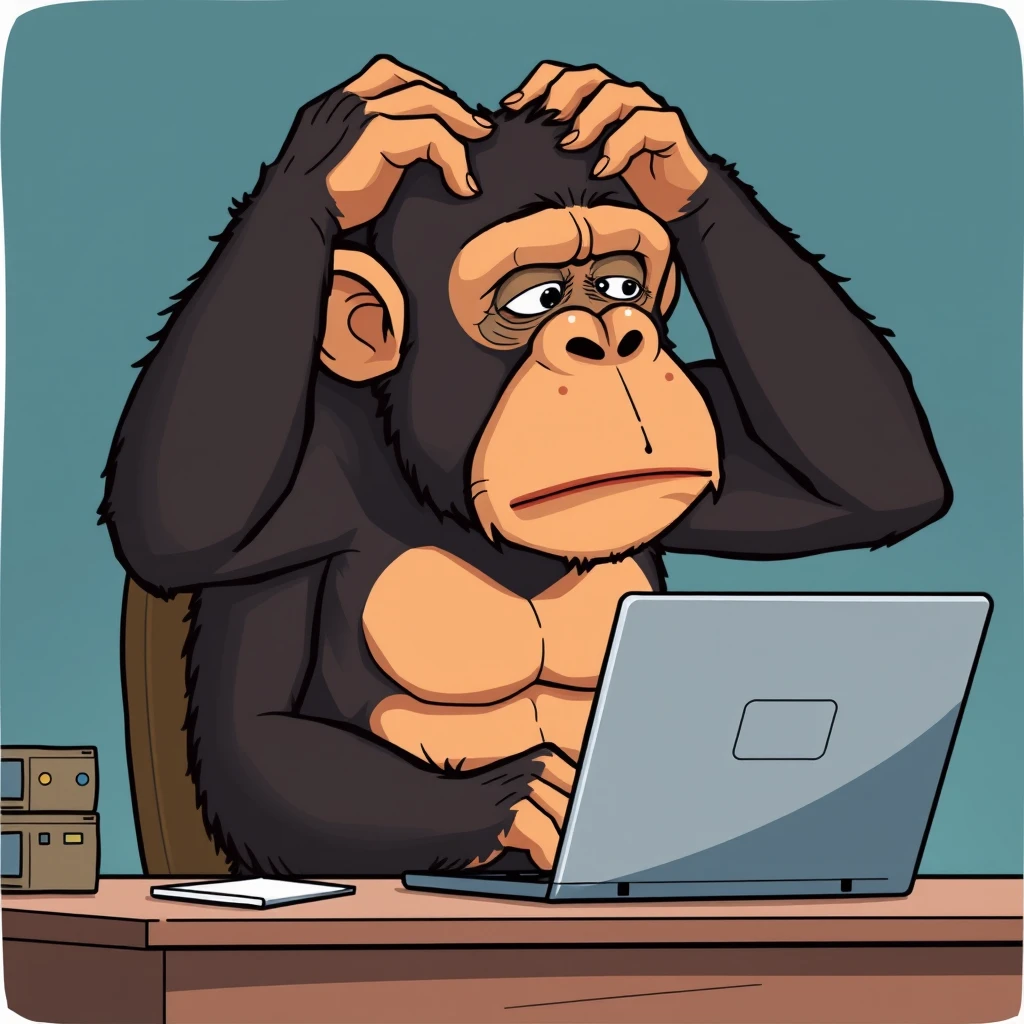 Chimpanzee sitting at a desk with a laptop computer on it. The ape is despondent, crying in despair with his hands held to his head. Stylized cartoon image with exaggerated expressions. - Image