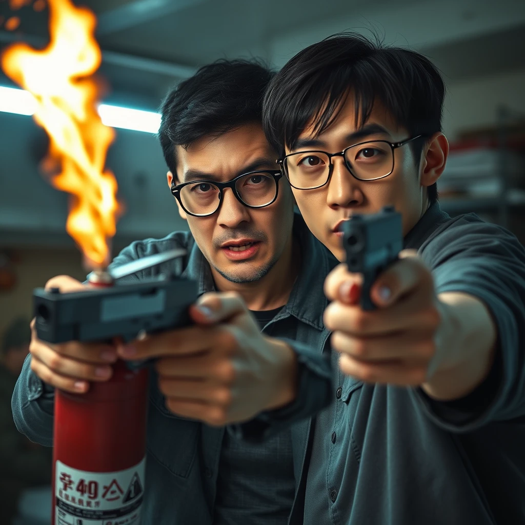 I want a 2-person set; they are two men, both close to each other like in a cool action film trailer, around 20 years old. They look really angry with murderous intent, and the scene is set in a garage. The first man is a European white man with short black hair and round prescription glasses; in the scene, he's holding a very large fire extinguisher that shoots fire like a flamethrower. The second man is an Asian man with a thin, long face, mid to long hair with a fringe, and square prescription glasses. He's holding a pistol, aiming at the screen.