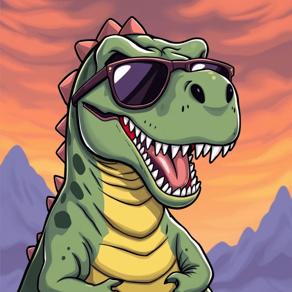 a dinosaur with sunglasses in the style of Dragon Ball