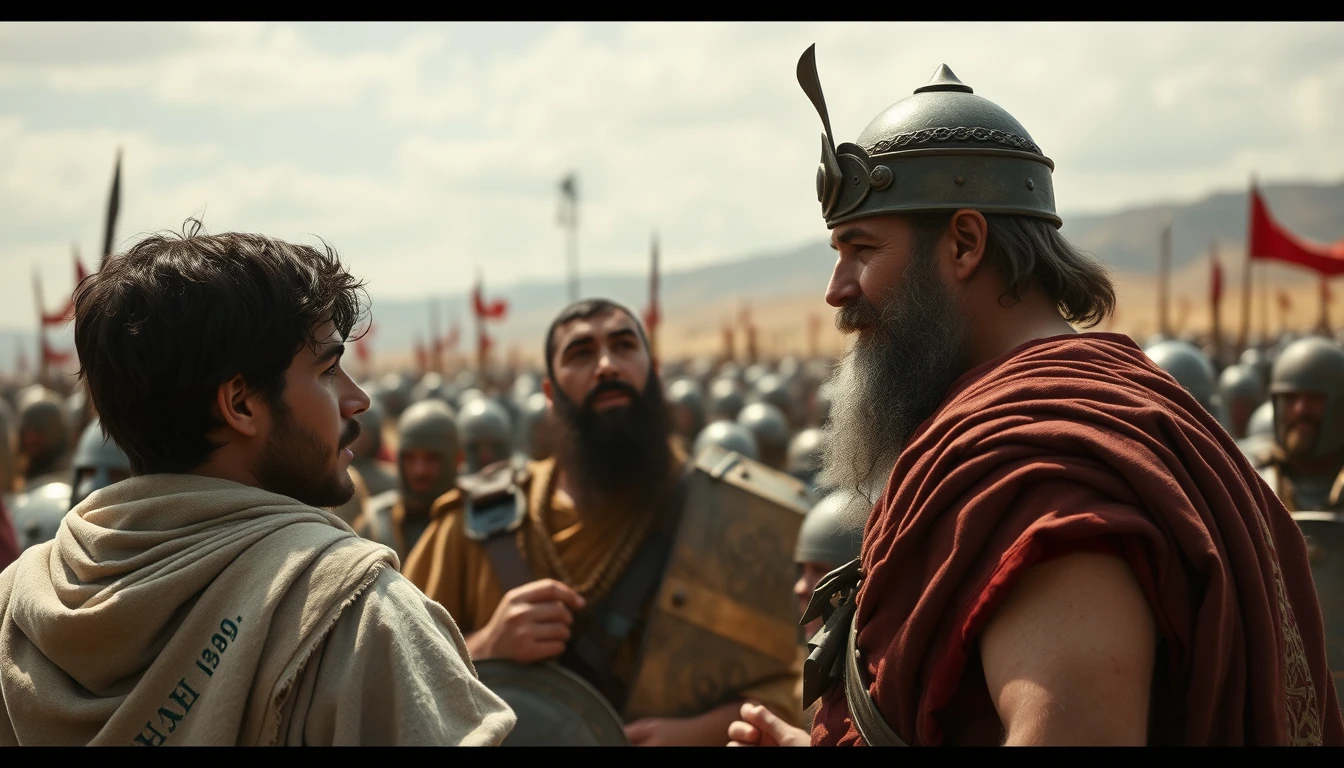 A dark-haired young-looking Jewish shepherd is arguing with a middle-aged Israelite king to fight against the enemy's army. The king is wearing bronze-age soldier attire. Around the two men, in the foreground, gather the Israelite soldiers. In the background, on the distant horizon, stands the Philistine army.