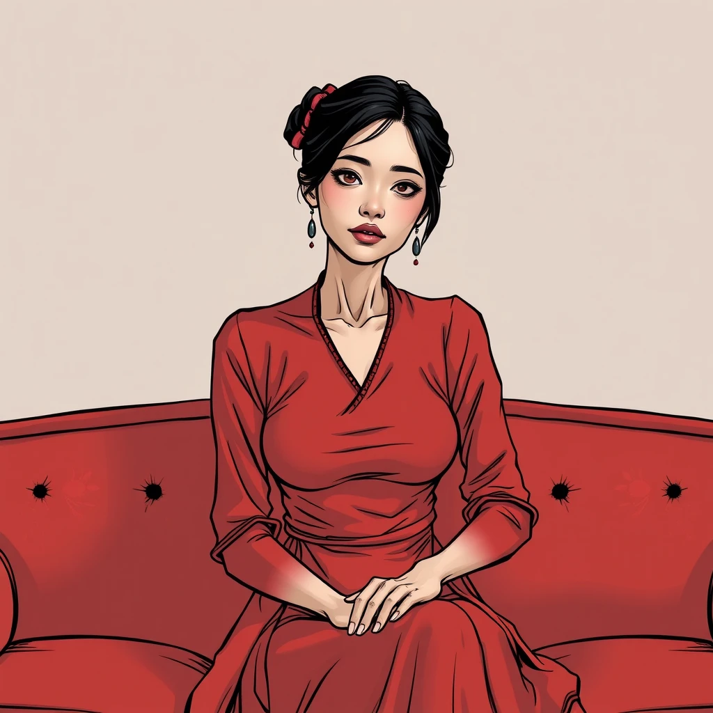 A chinese pale and gaunt lady sit on a red sofa, comic style