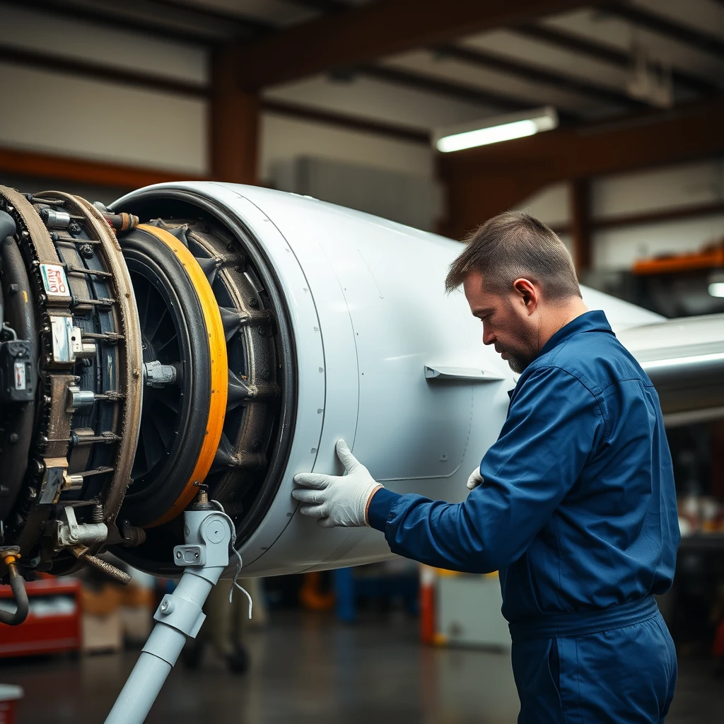 Technician repairing the airplane engine