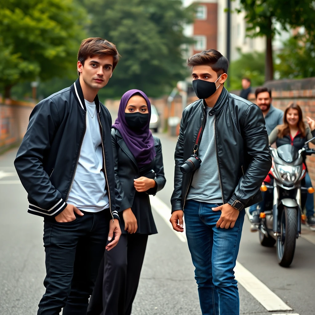 Jamie Dornan and Freddie Prinze, head and body shot, handsome, young, serious face, dark brown hair, white T-shirt, college jacket, skinny jeans, sneakers, standing, discussing with two guys with a short purple hijab, Muslim girl, beautiful eyes, black face mask, black leather jacket, longest black leather skirt, holding a Canon DSLR camera, near town road, superbike, hyper-realistic, street photography, brick wall, full body photo, five other random smiling friends in the back.