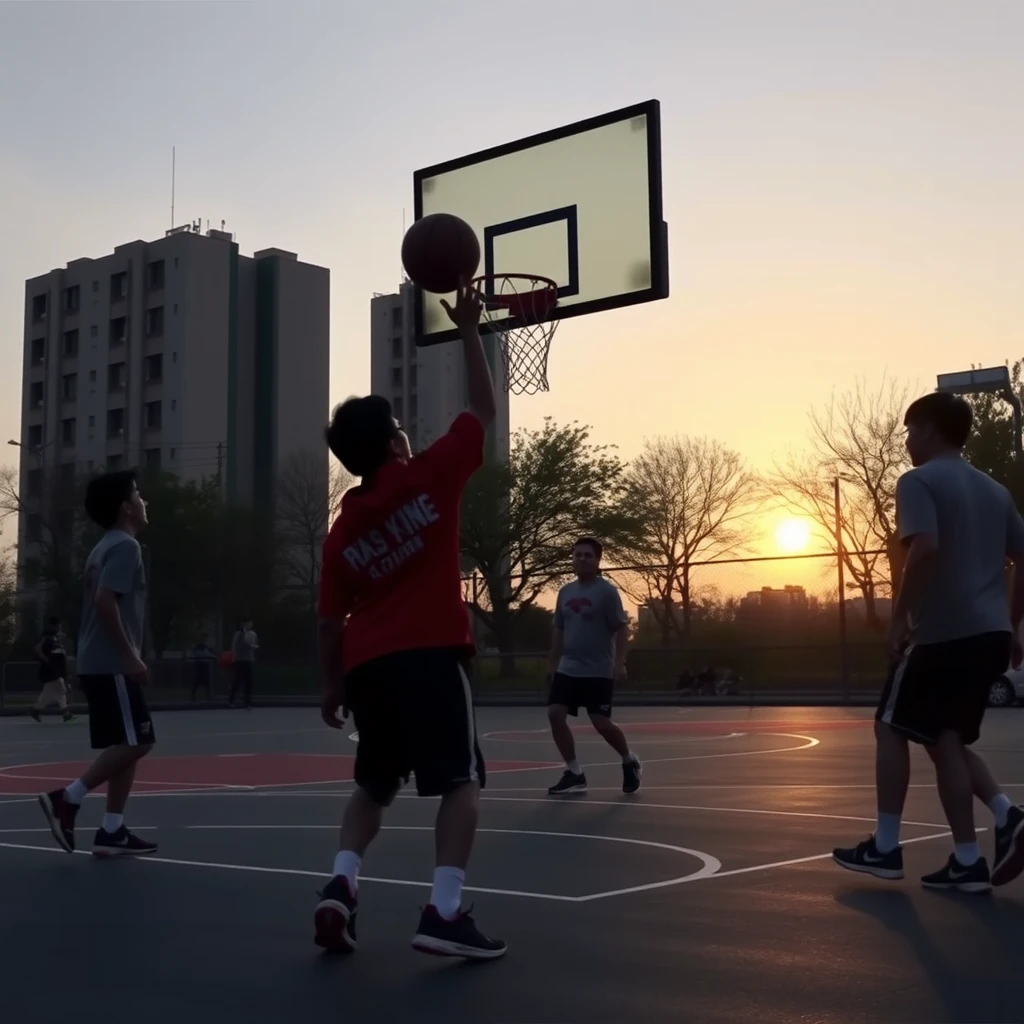 During the day, several people are playing basketball, with Chinese characters or Japanese or Korean.