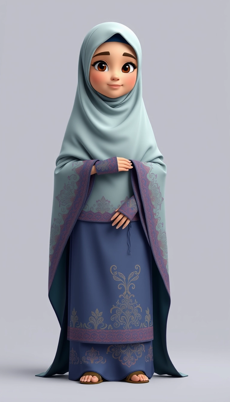 A 3D, 8k animated cartoon depiction of a Muslim woman from Palembang, wearing a traditional long songket and a long gown (gamis). She is adorned with a hijab that covers her chest and wears batik gloves covering her hands. - Image