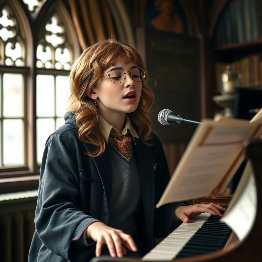 Photo realistic: Hermione Granger sings, at the piano Harry Potter.