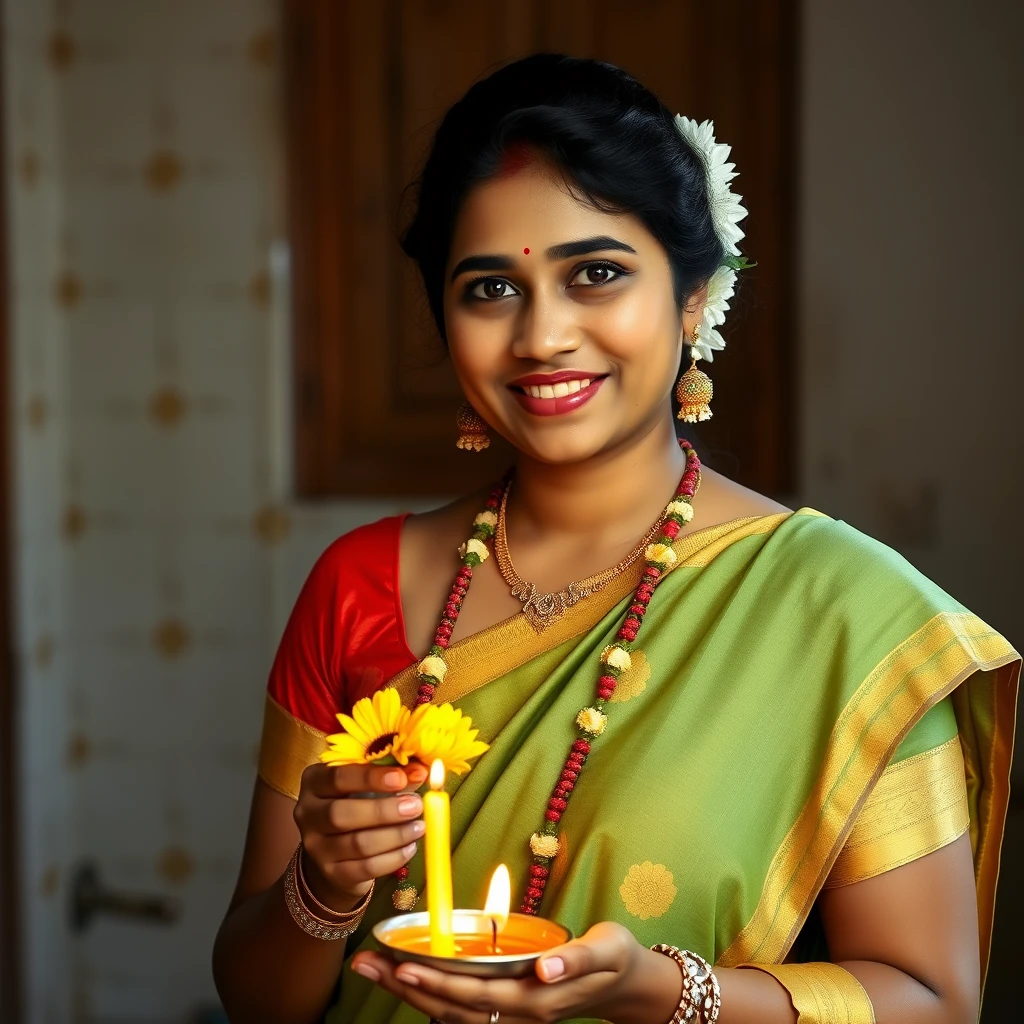 A busty 24-year-old lady, in traditional Kerala attire, wishing Onam with delicate flowers and a lamp. - Image