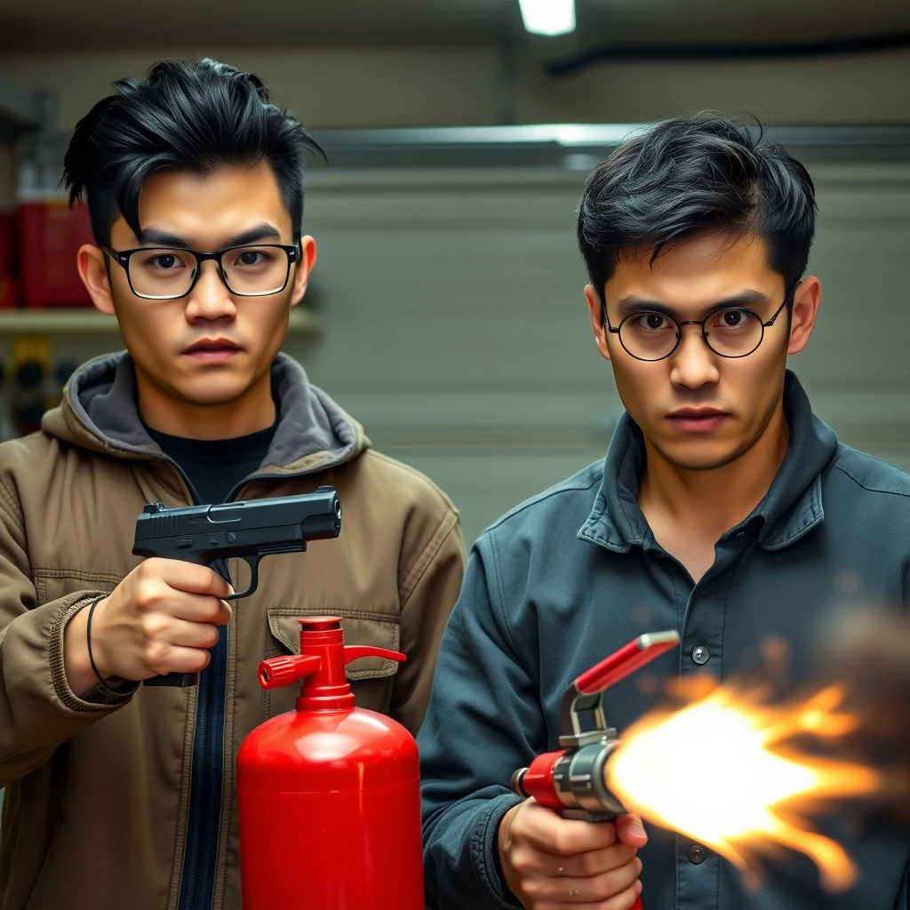 2 person setting, "21-year-old northern Chinese man wearing square glasses, mid/long black mullet hair, holding a pistol"; "21-year-old white European Italian man wearing round glasses, short hair, holding a very large fire extinguisher flamethrower", garage setting, both angry.