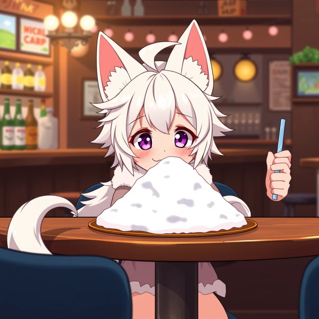 A cute anime girl with fluffy fennec ears and a fluffy tail, short white messy hair, and purple eyes is sitting at a table in a bar. On the table is a small mountain of snow. The girl is looking at the snow with a big crazy smile and holds a straight straw in her right hand. - Image