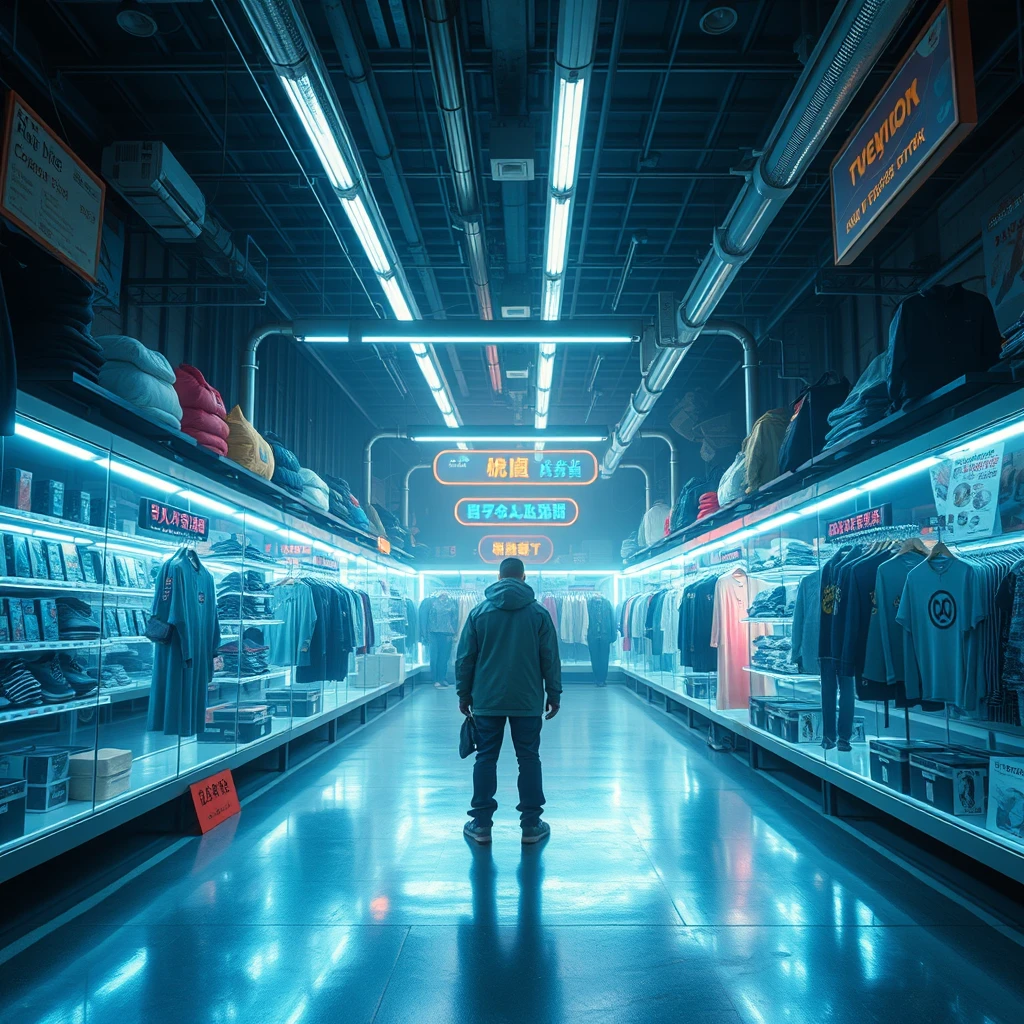 wear store, nobody, big room, bright surrounding, cyberpunk,