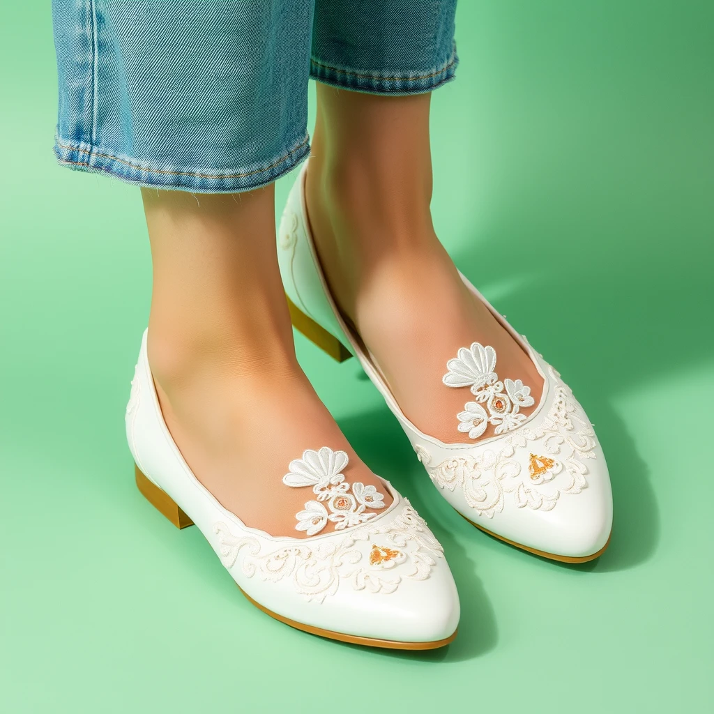 detailed embroidered white flat pumps,