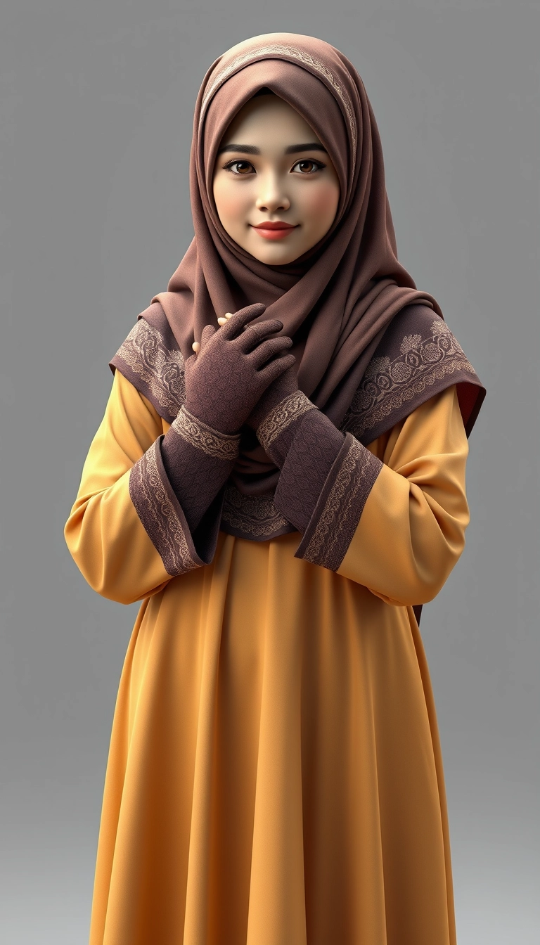 A 3D, 8k depiction of a Muslim woman from Palembang, wearing a traditional long songket and a long gown (gamis). She is adorned with a hijab that covers her chest and wears batik gloves covering her hands. - Image