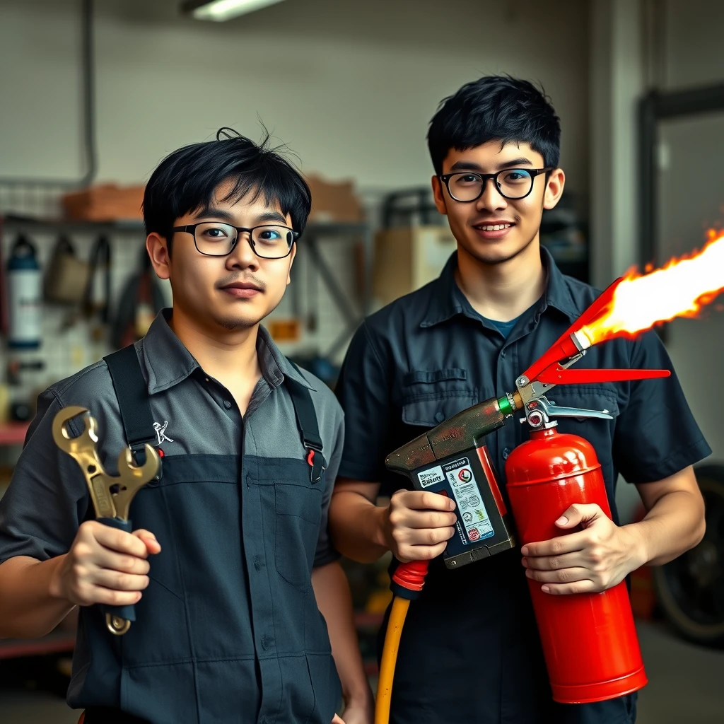 21-year-old white Chinese man wearing square glasses, long black hair, holding a wrench; 21-year-old white Italian man wearing round glasses and short hair holding a very large fire extinguisher flamethrower, garage setting.