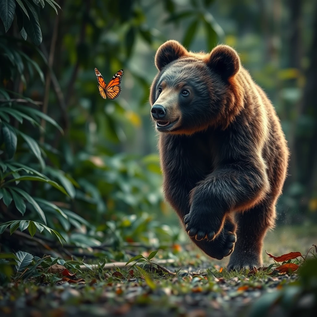 An ultrarealistic bear with fluffy fur running to catch a butterfly, cinematic color, in the Amazon jungle.