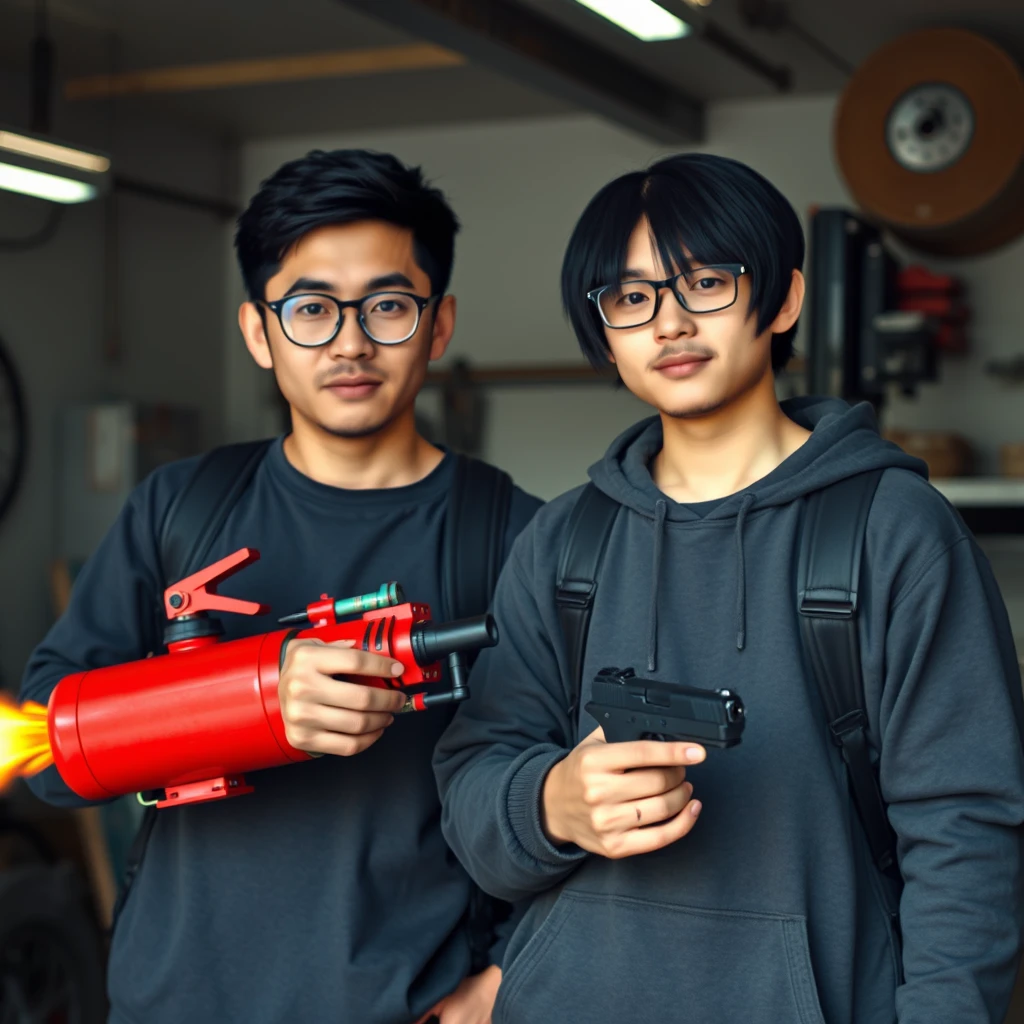 A set of 2 people, 2 men, both 21 years old: 1 Caucasian man and 1 Northern Chinese man. They are together in a garage setting, here are the details, and I want every detail with accuracy. 
The first one (Italian white man) has these features: he is rather thin, has round prescription glasses, short black hair, and is holding a very large fire extinguisher flamethrower. 
The second one (Northern Chinese man) has these features: a thin, long face, wears square prescription glasses, has mid to long black fringe hair, and is holding a pistol.