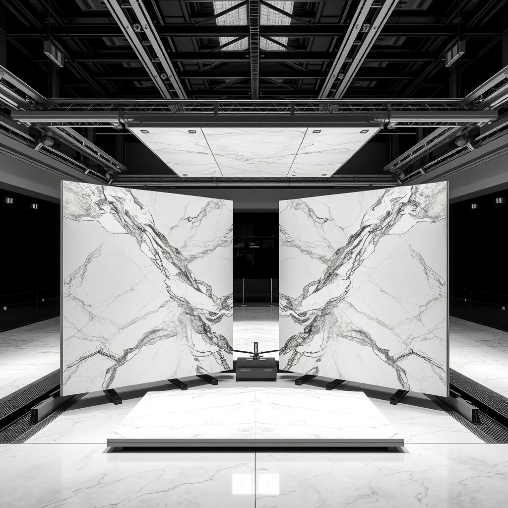 Smart, stylish automated display system that can hold large 4-meter-sized polished marble panels, allowing them to be carried on overhead rails to the display arena and automatically arrange into an L-shaped bookmatch format for the best viewing experience. - Image