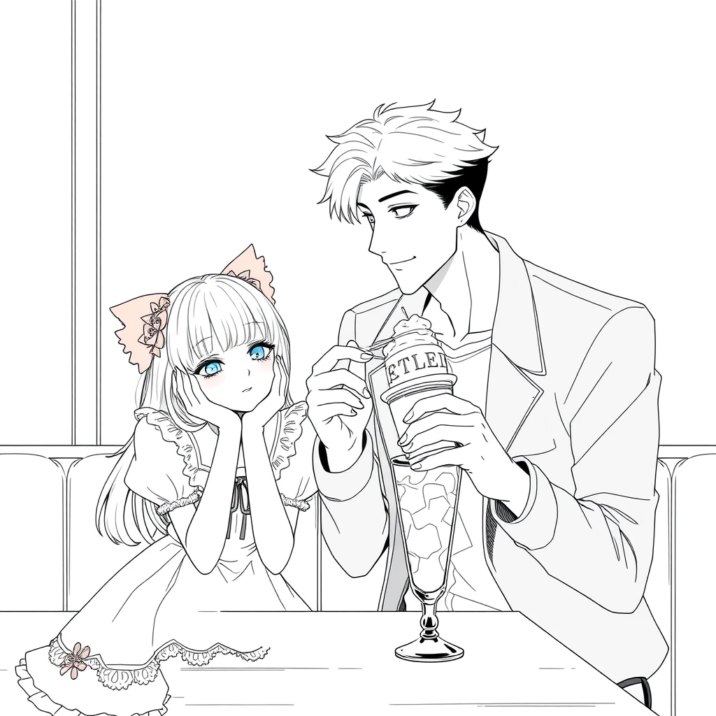 The boy was sitting and feeding his girlfriend a cup of ice cream, and the girl was wearing a Lolita dress, resting her cheeks on her hands on the table. The boy is tall and handsome. Anime line art. - Image