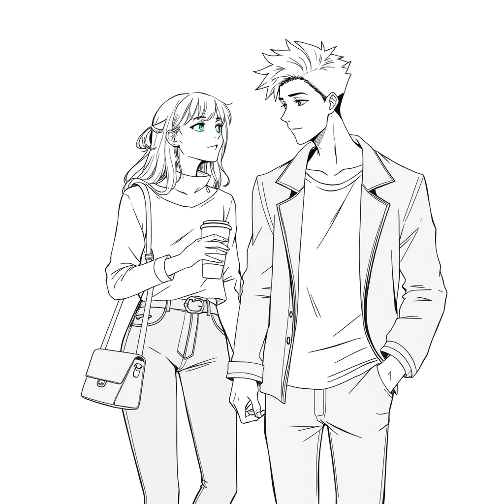 Anime lineart, young woman in fashion standing with a tall handsome boy, she is leaning on the boy, looking at him with love, simple background, cup, handbag, hand in hand. - Image