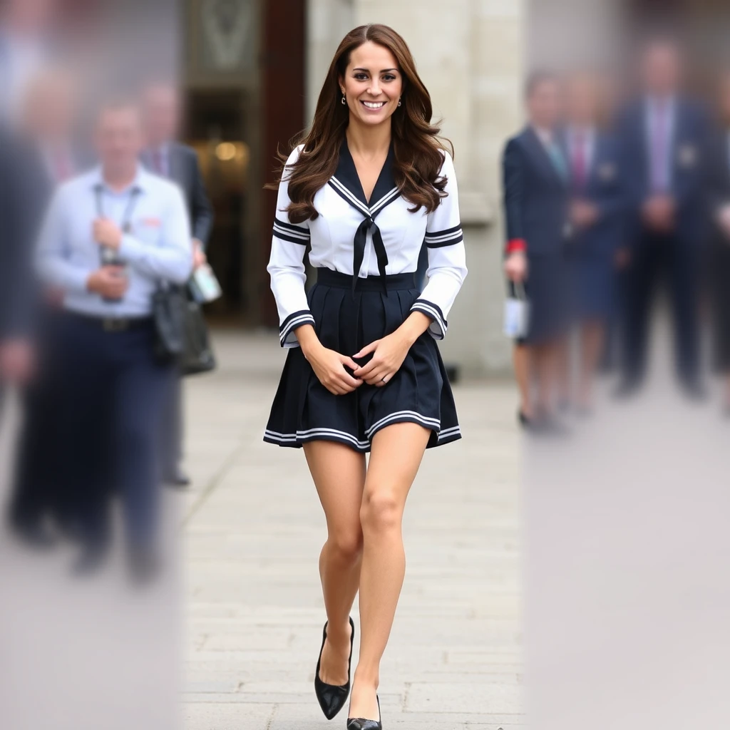 Kate Middleton in a Japanese schoolgirl outfit, showing off her legs.