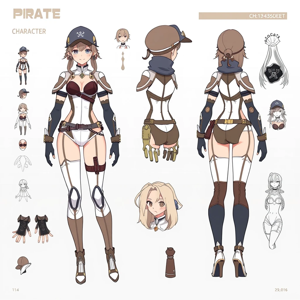 Character sheet, front-view, side-view, beautiful space bodysuit, beautiful space female pirate, illustrations. - Image