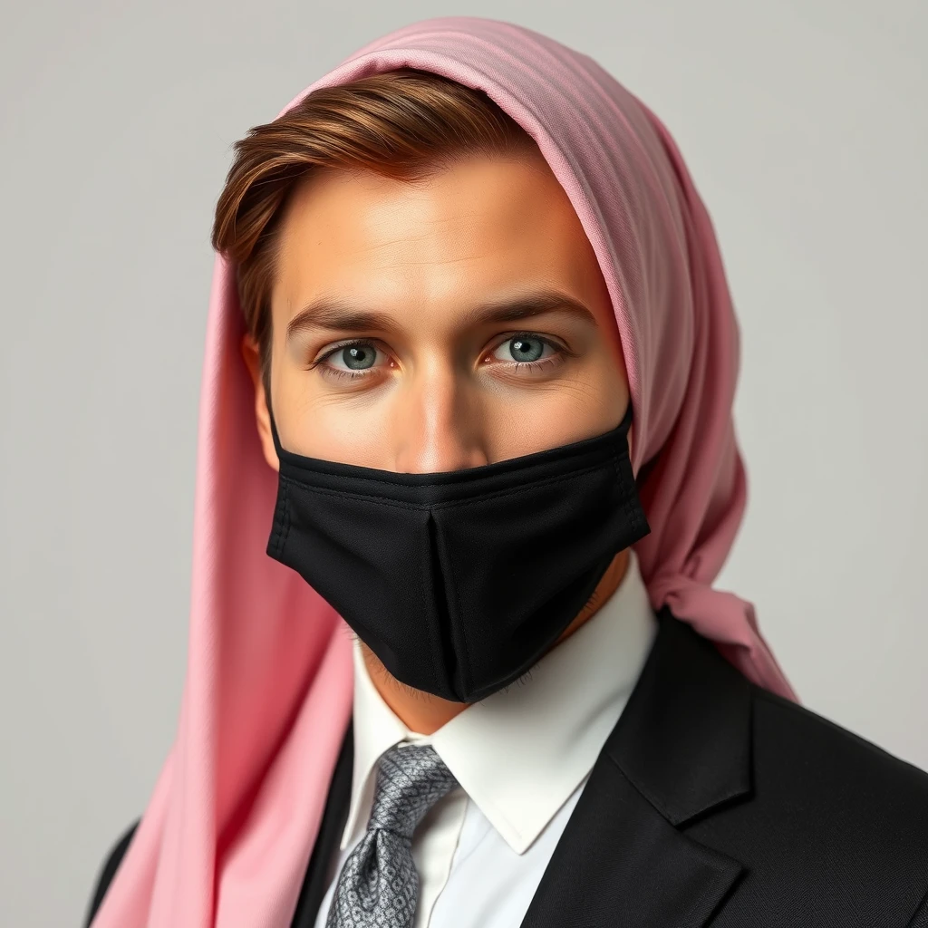 Jamie Dornan's head and body shot, handsome, young, shy smile, white shirt half buttoned, grey patterned tie, black coat suit, dating love with the biggest soft pink hijab girl, beautiful eyes, black face mask, biggest floral jubba, hyper realistic, studio photography. - Image