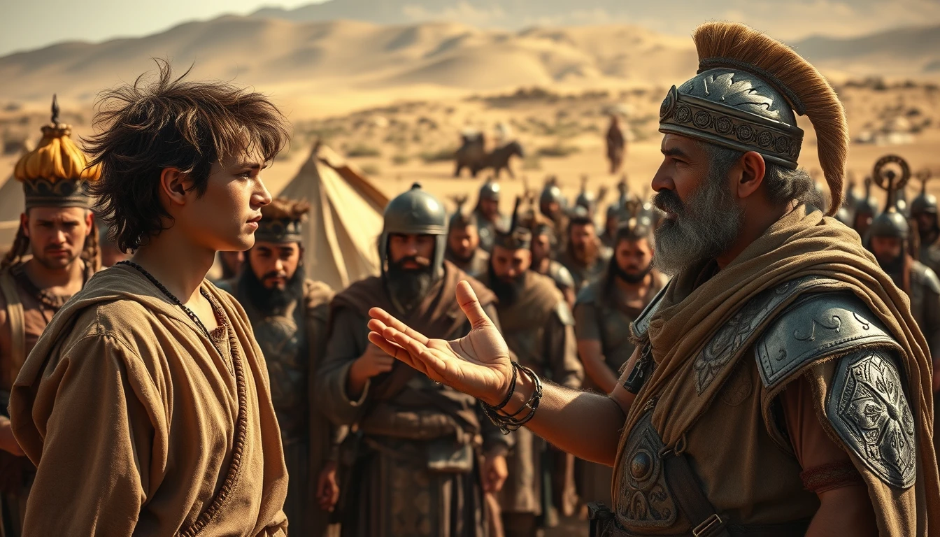 A young man with messy hair looks anguished at a man in his late 50s, gesturing passionately with both hands like an Italian. The young man is dressed in ancient biblical shepherd's attire while the older man appears as a Mesopotamian king. The young man stands apart from the middle-aged man. Both are surrounded by a diverse group of men in ancient Israelite bronze age soldier armor. In the background, there are Bedouin tents pitched on desert shrub land. In the distant horizon, another army stands armed and ready to fight. The lighting is dramatic. - Image