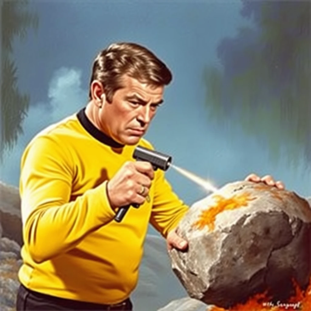 William Shatner uses his phaser to heat a rock, as painted by Arthur Sarnoff in 1952. - Image