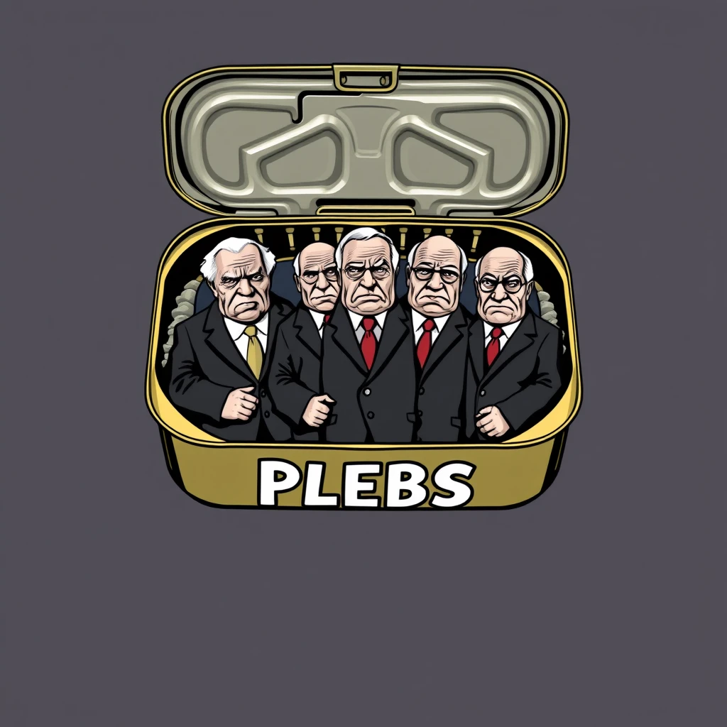 A playful t-shirt design featuring an open sardine can with a twist-off top, containing five rich old men standing shoulder to shoulder in business suits, all with scowls on their faces, accompanied by the text "PLEBS" underneath, viewed from the front.