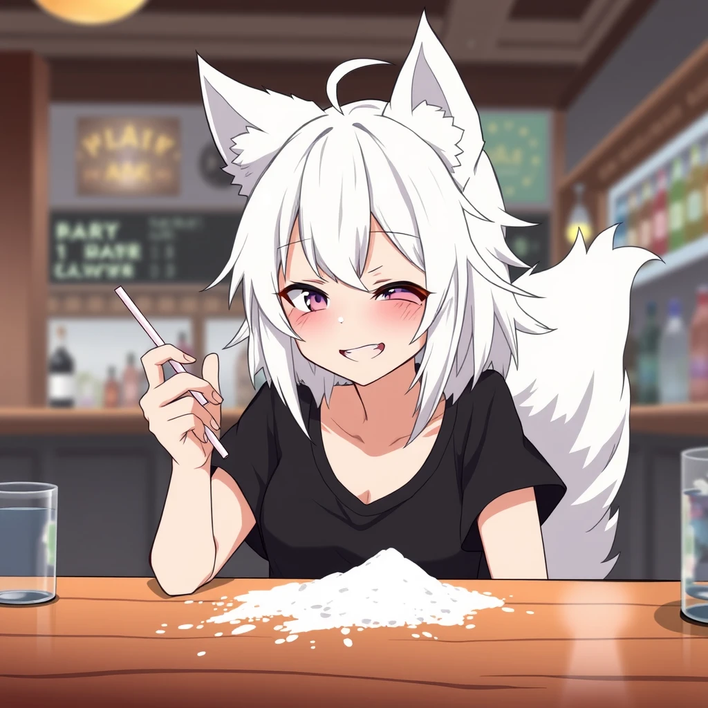 Anime woman with fluffy wolf ears and a fluffy tail, medium-length messy white hair, and purple eyes, wearing a black t-shirt, sitting at a table in a bar. On the table is a little bit of flour. The girl is looking at the flour with a big crazy smile and has a straw in her right hand.