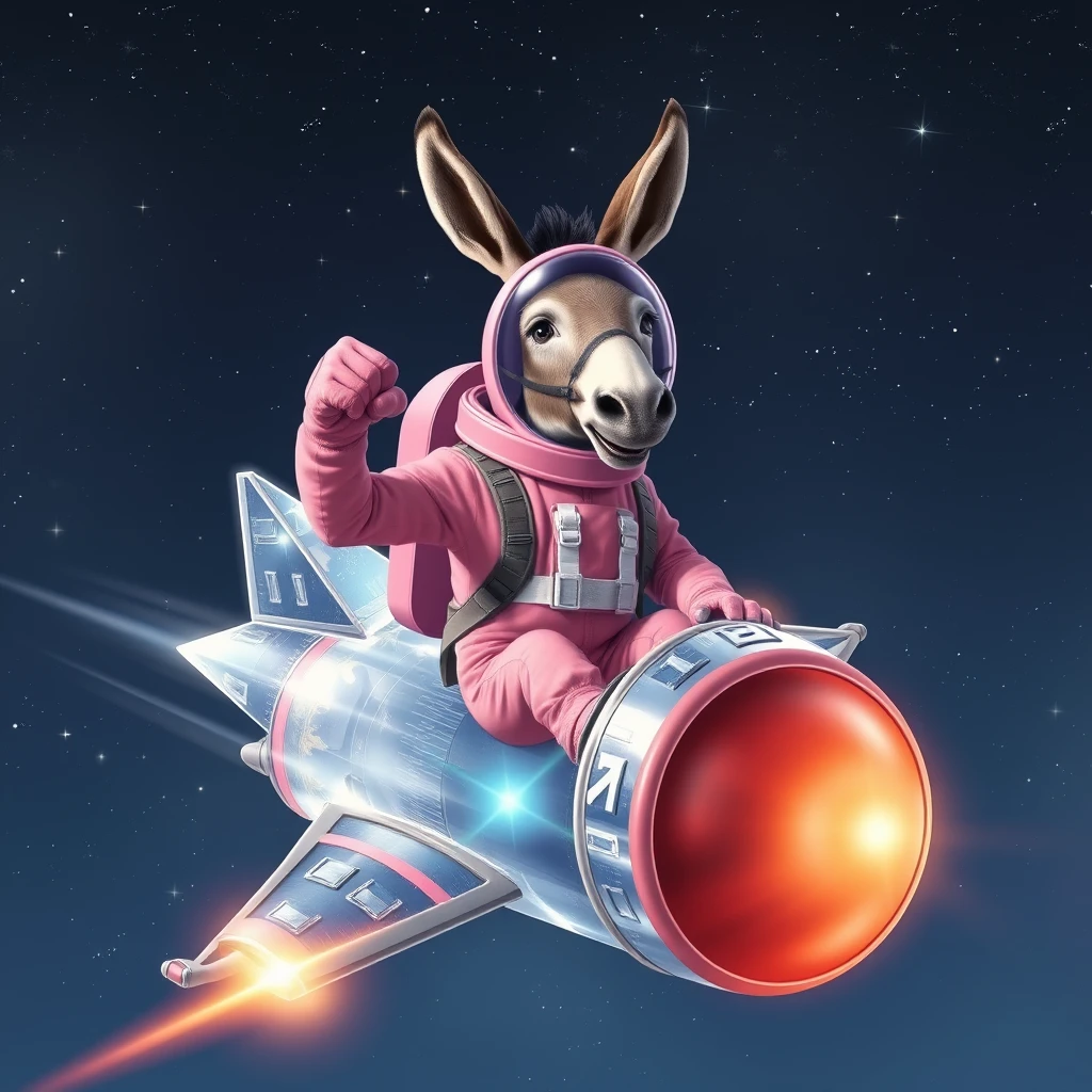 An ambitious donkey wearing pink astronaut costume, riding on a crystal stunning spaceship, making a punching gesture, flying to the outerspace under a clear night sky with lots of shining stars. Realistic style. - Image