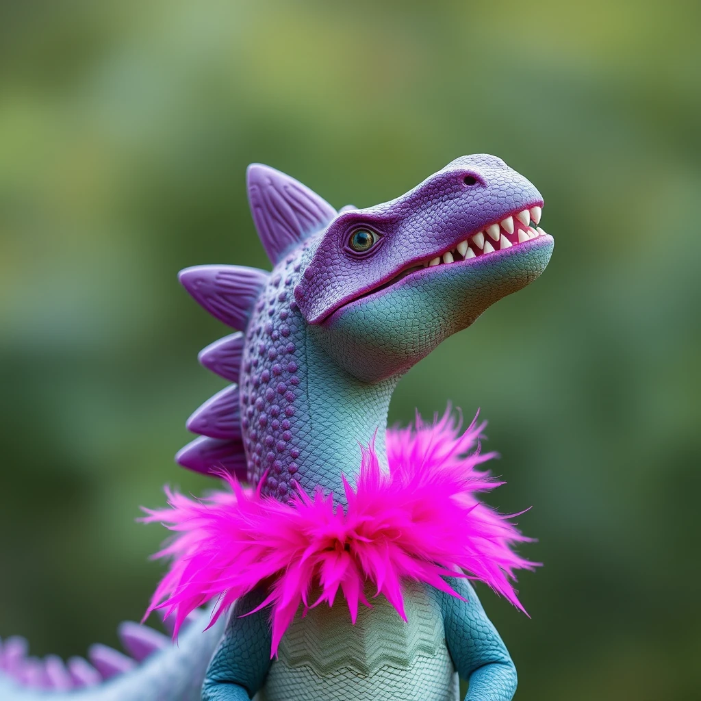 A purple spiked dinosaur with pink feathers around its neck. - Image