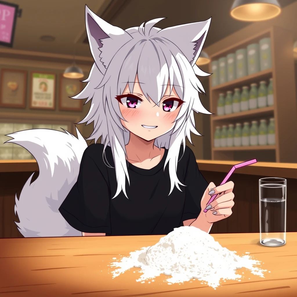 Anime woman with fluffy wolf ears and a fluffy tail, medium-length messy white hair, purple eyes, wearing a black t-shirt, sitting at a table in a bar. On the table is a little bit of flour. The girl looks at the flour with a big crazy smile and has a straw in her right hand. - Image