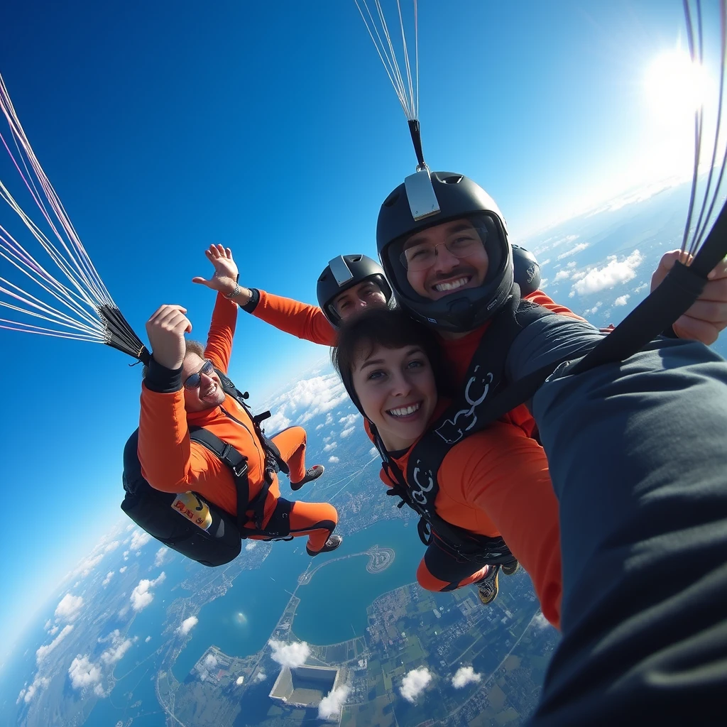 3 personnes se tenant la main, photo vue du haut, parachutisme, séquence haute qualité de go pro, 20 mm.