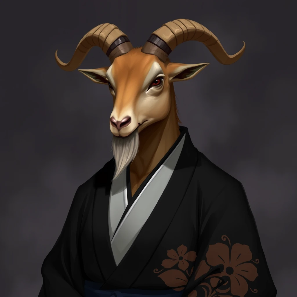 A man with a goat head wearing a black kimono, 2D art, dark hazy background.