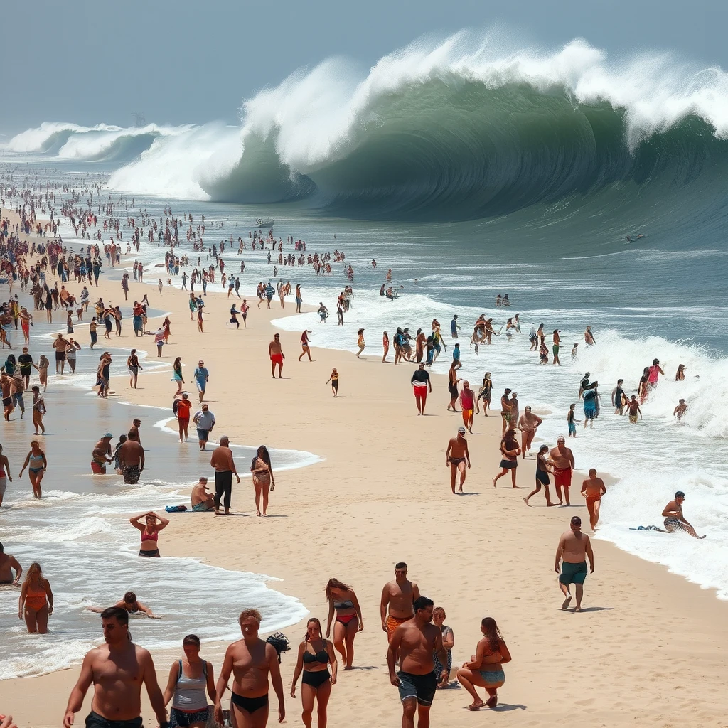 A crowded beach, on a very hot day, where nearly all of the people are unaware that a huge tidal wave is headed straight for them.