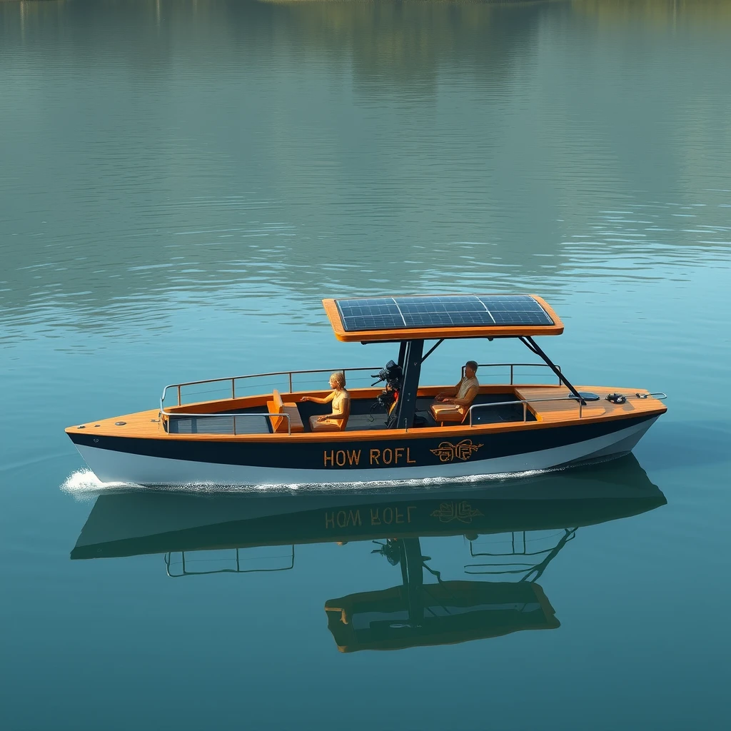 Smart Indian ethnic design of an open hydrodynamic, 5 meter short Catamaran boat with 6 seats, with adequate safety rails, in a calm lake in Kashmir, the platform powered by batteries and thruster pods, with joystick controls on the dashboard, carrying a foldable hard roof with solar panels over it. - Image