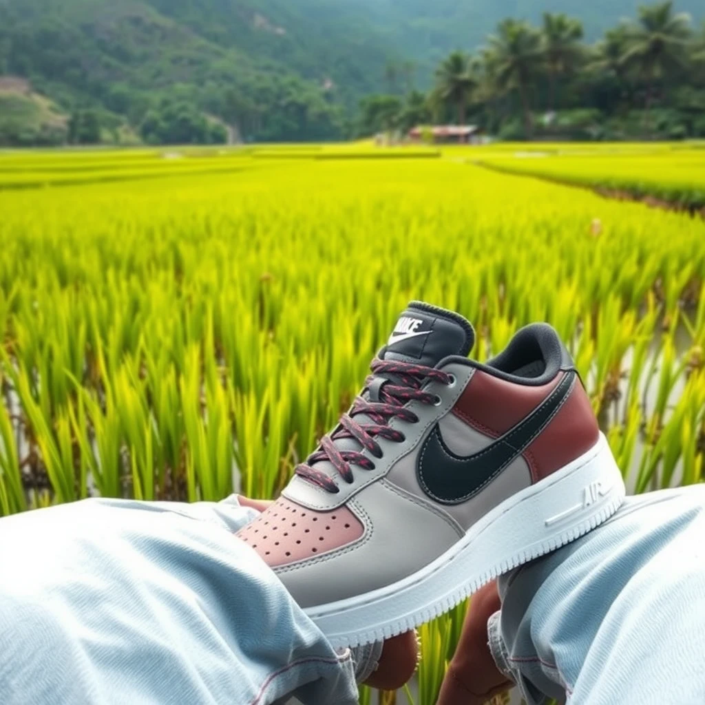 to many nike shoes in center of ricefield - Image