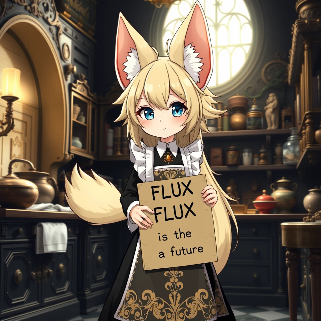 Cute anime girl with massive fluffy fennec ears and a big fluffy tail, blonde messy long hair, blue eyes, wearing a maid outfit with a long black dress with a gold leaf pattern and a white apron, holding a cardboard where it is written "FLUX is the future," in the kitchen of an old dark Victorian mansion with a bright window and very expensive stuff everywhere. - Image