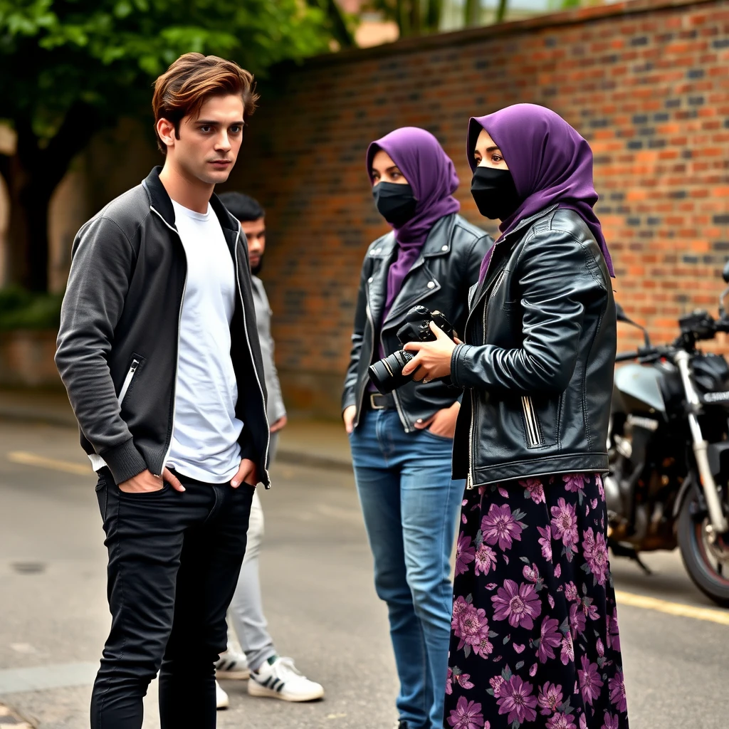 Jamie Dornan and Freddie Prinze, head and body shot, handsome, young, serious face, dark brown hair, white T-shirt, college jacket, skinny jeans, sneakers, standing, discussing with two guys and a short purple hijab Muslim girl, beautiful eyes, face mask black, black leather jacket, biggest floral skirt, holding a DSLR Canon camera, near a town road, superbike, hyper-realistic, street photography, brick wall, full-body photo. - Image