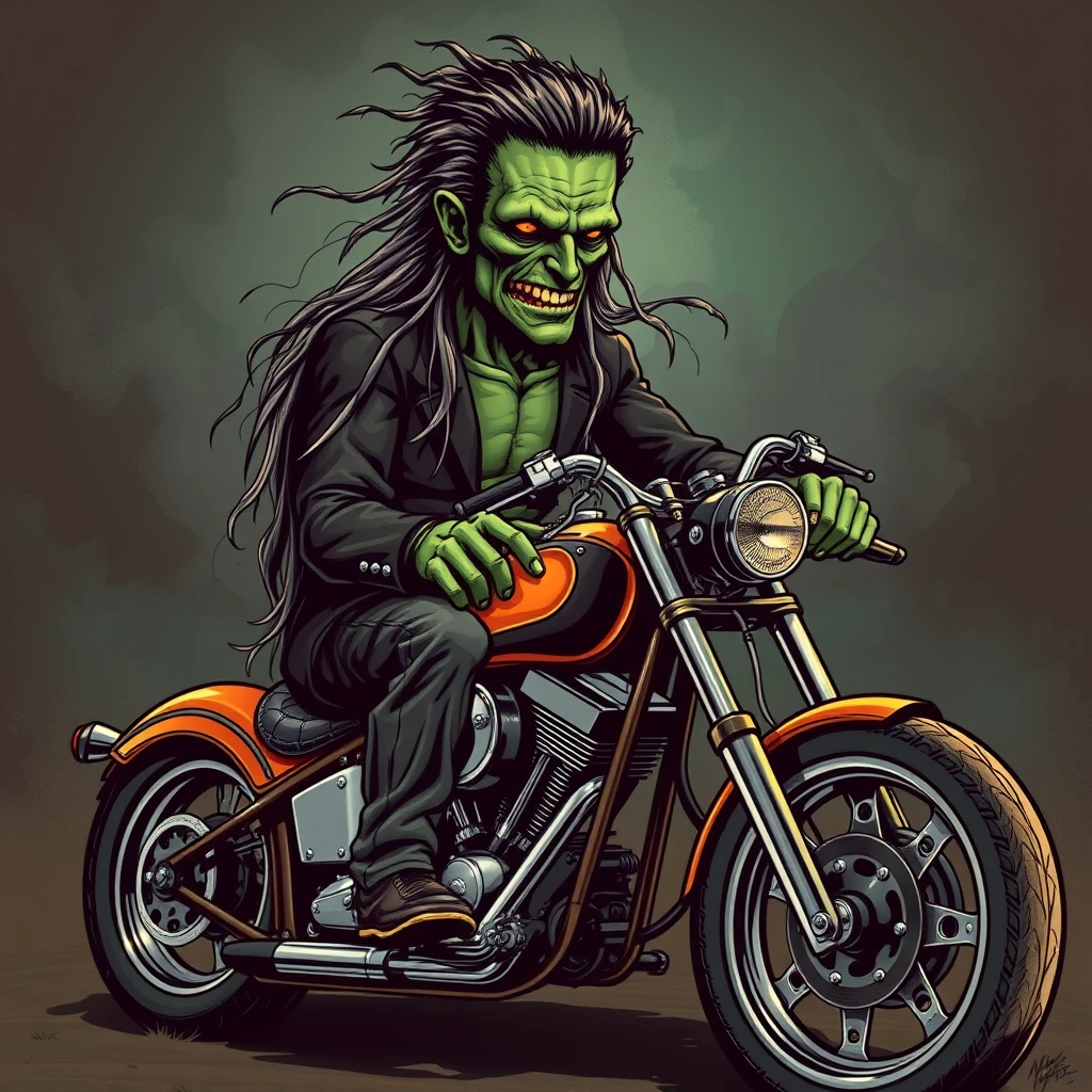 Frankenstein with long hair on his Harley chopper.