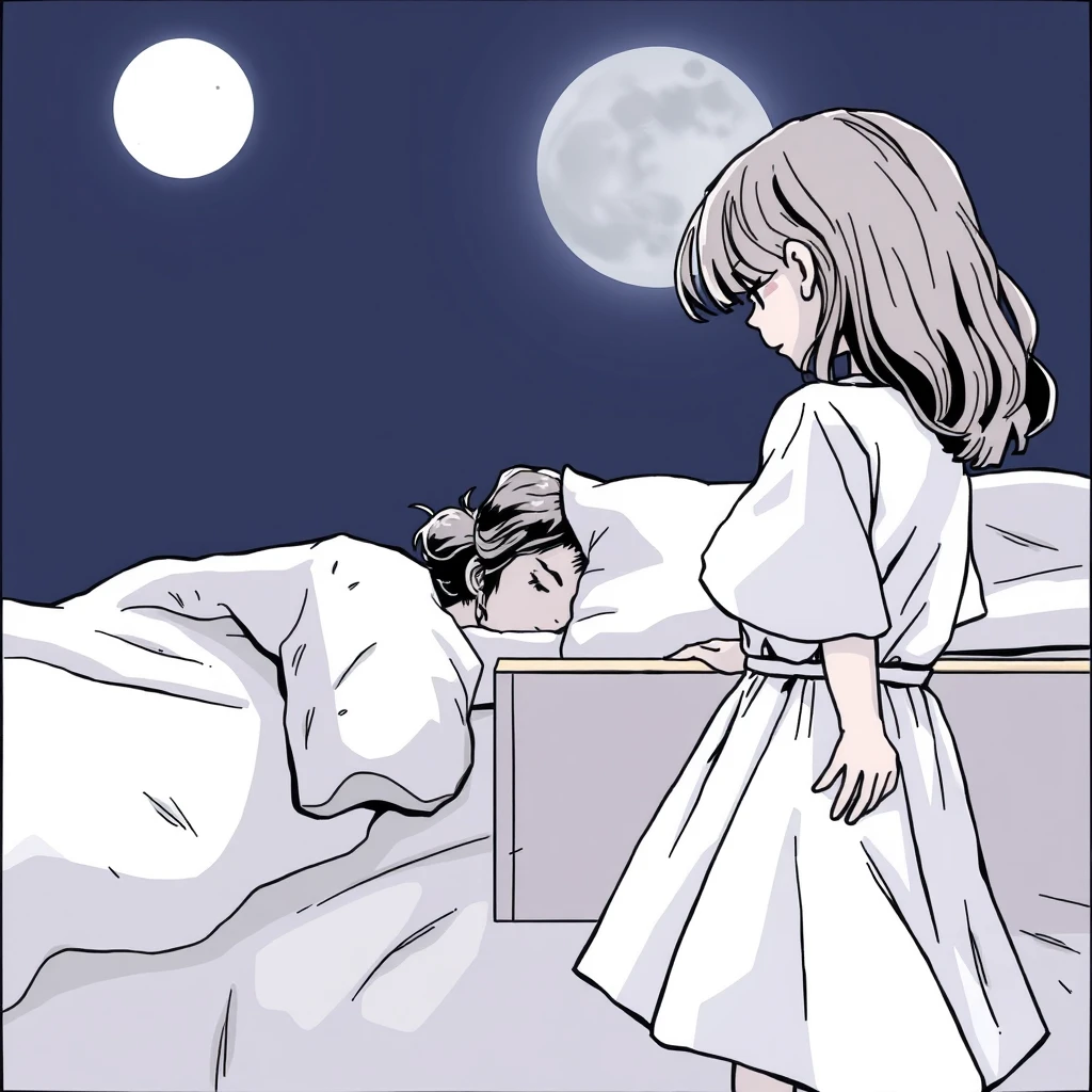 Side view of the bed where a woman is sleeping while her daughter, standing nearby, is opening a drawer; dark night, moonlight, atmosphere; comic line art, close-up of the girl's side view.