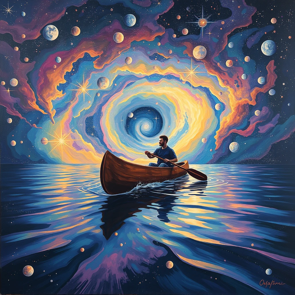 A psychedelic oil painting of a man canoeing through the universe. - Image