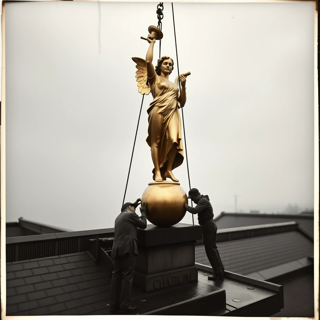 A highly detailed photograph depicting some men removing an 8-foot tall gilt statue of 'Victory' holding an angel horn, standing on a small ball, from the roof of The 'Theatre Royal' in Chatham, 1940. It's raining and a dark and dismal day.